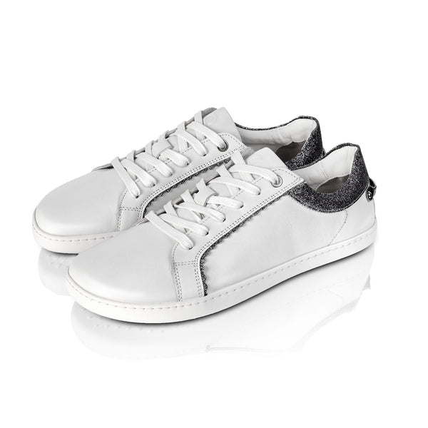FEELIN Chic White Glitter Leather barefoot sneakers.