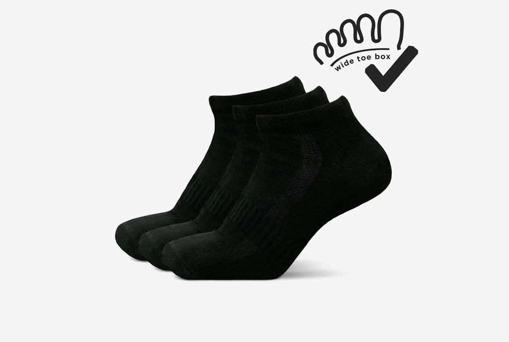 Wide Toe Box Sneaker Socks - Black (3 Pair Pack)